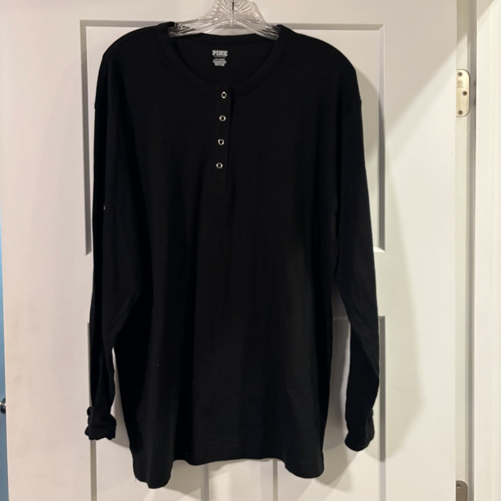 NWT PINK Victorias Secret Black Long Sleeve Henley Top